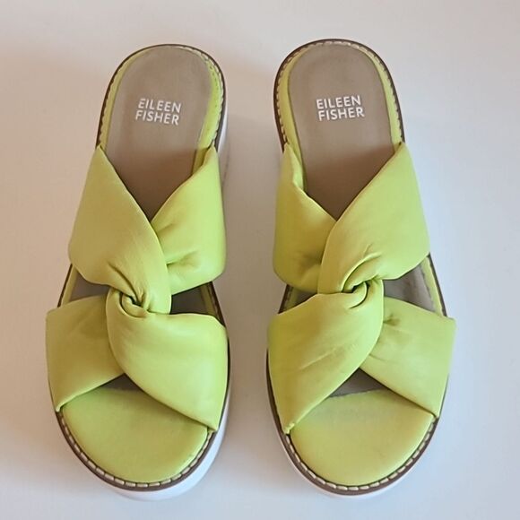 Eileen Fisher Bene Leather Platform Puffy Wedge Sandals Citrus Nappa Size 6 - Picture 2 of 15